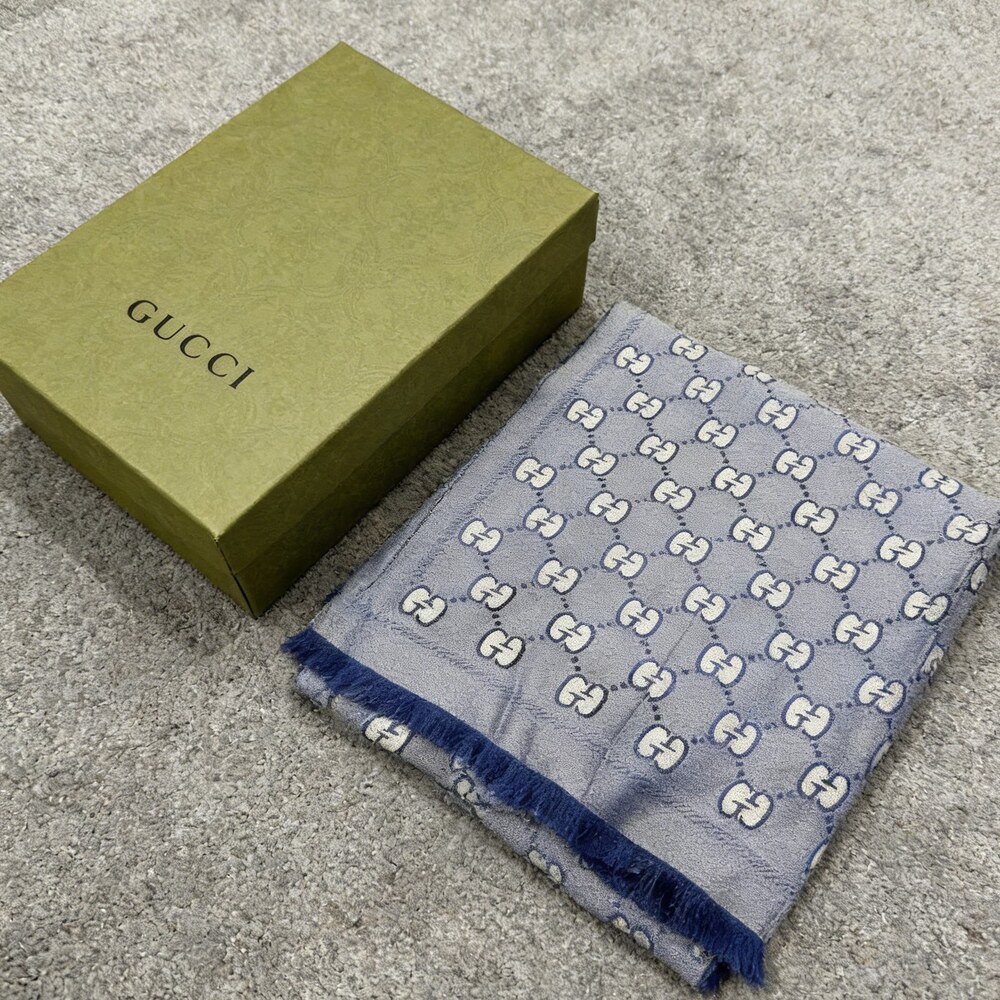 Gucci Blue Gray Small GG Border Scarf